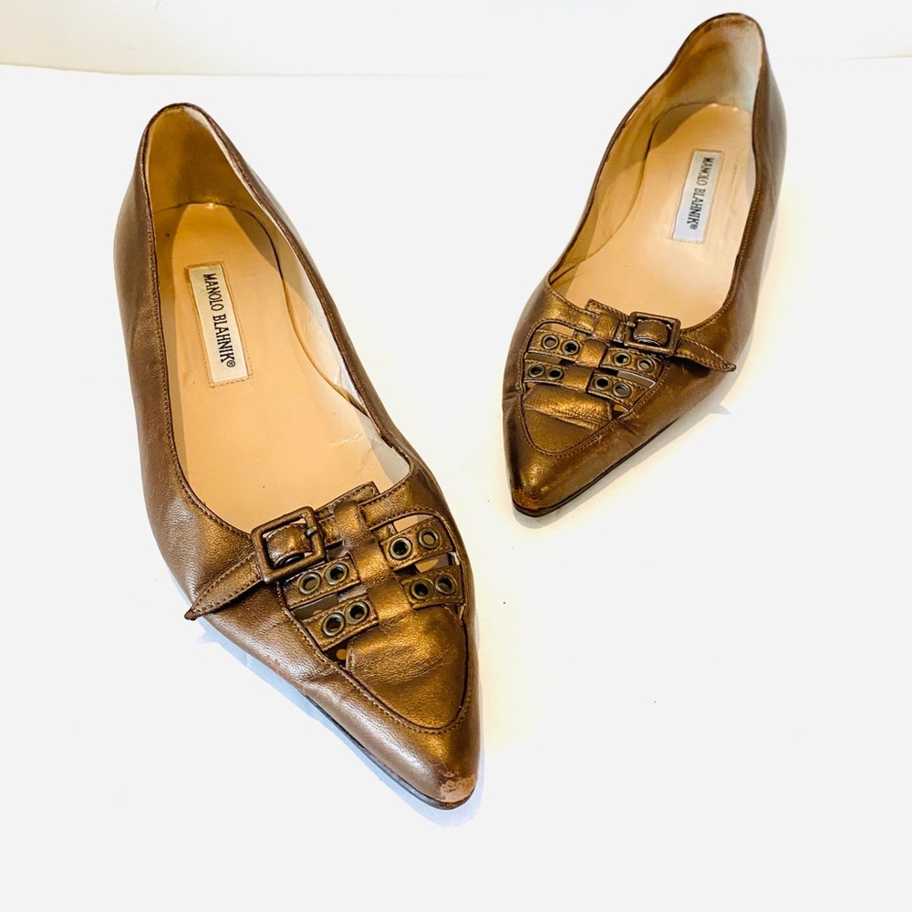 Manolo Blahnik Golden Brown Pointed Toe Flats